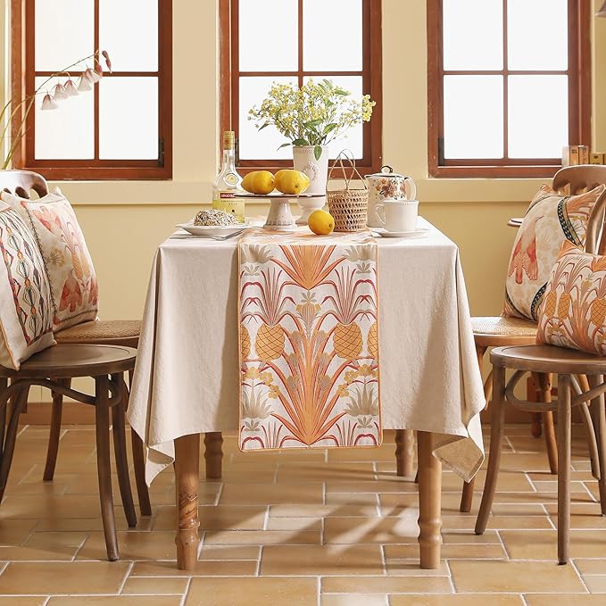 patdrea Designer Tropical Linen Table Runner 102 Inch Long, Yellow Vintage Elegant with Pineapple Pattern Table Mat,Decoration for Kitchen Dining Coffee Table Cover Banquet Christmas , 12"*102"