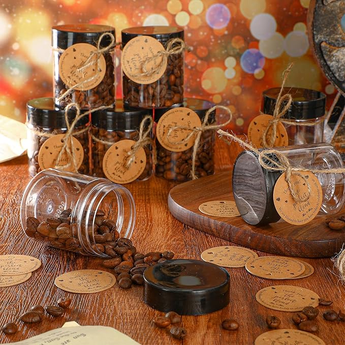 Coffee Bean Decorative Bottles, 50 Clear Plastic Jars with Lids and Cards