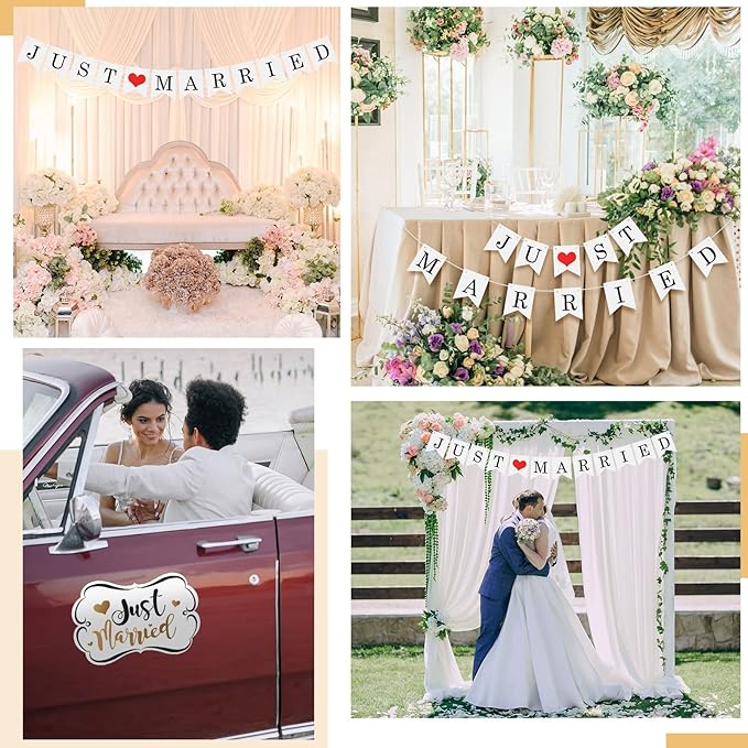 Tallew 4 Sets Just Married Car Decorations Ornate Magnets 12 x 7.5, Wedding Day Car Window Decals 5.1 x 22.4, Just Married Sign Banner Decorations for Honeymoon Wedding