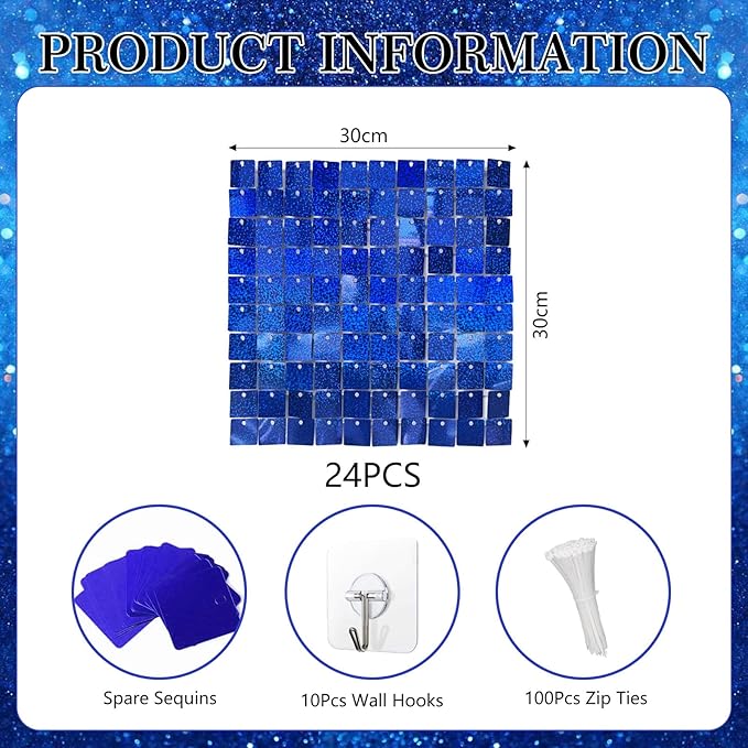 24PCS Royal Blue Shimmer Wall Backdrop, Laser Square Sequin Photo Backdrops Panel, Glitter Wall Background for Birthdays, Weddings, Christmas, Engagements, Disco Bachelorette Party Decor (4FTx6FT)