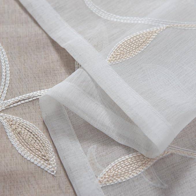 VISIONTEX Sheer Voile Curtain Valances, Decorative Leaves Embroidered, Rod Pocket Window Treatment for Kitchen/Rustic Bedroom/Living Room (54 x 16 Inch,1 Panel)
