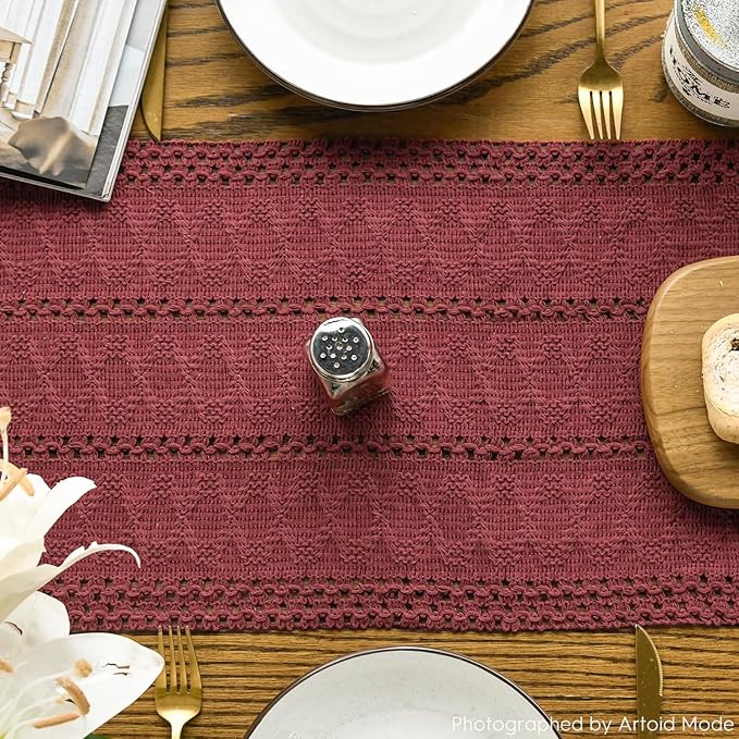 Artoid Mode Red Farmhouse Woven Rustic Hollow Table Runner, Seasonal Holiday Hollow Kitchen Dining Table Decoration for Home Party Decor 12x60 Inch