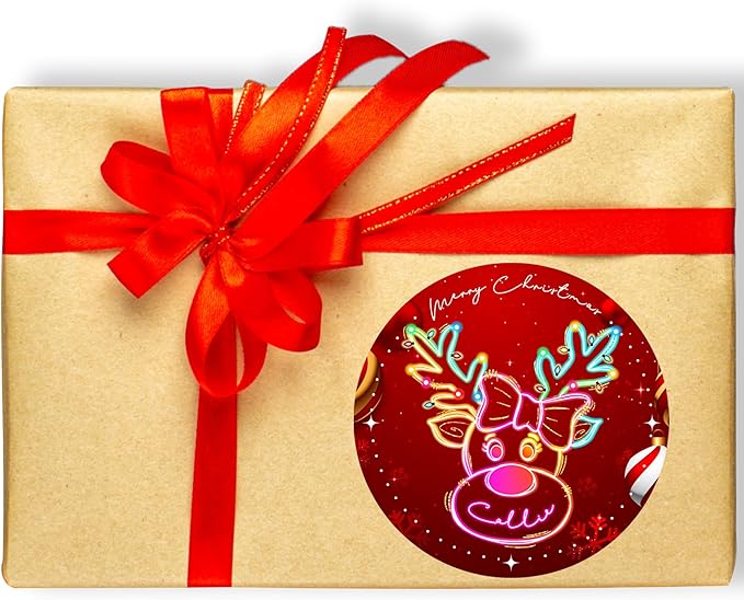 CALLIE Personalized Christmas Stickers with Custom Name, Waterproof Custom Christmas Name Tags Stickers, Peel and Stick Christmas Gift Tags (Cute Christmas Neon Reindeer)