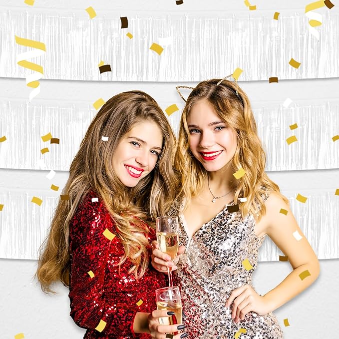 4 Pack 10 Feet White Foil Fringe Garland Metallic Tinsel Streamers Banner Wall Hanging Curtain Backdrop for Parade Floats, Wedding, Graduate, Mother's Day, Birthday Party Decoration