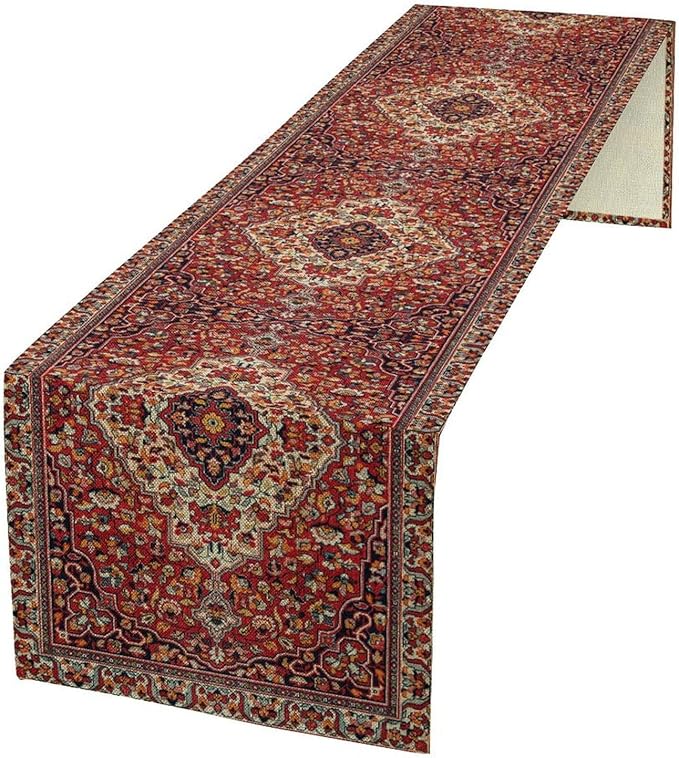 Boho Floral Vintage Table Runner, Paisley Retro Red Flower Rustic Country Farmhouse Abstract Pattern for Home Kitchen Table Decor Dining Coffee Room Party Decor 13x120in