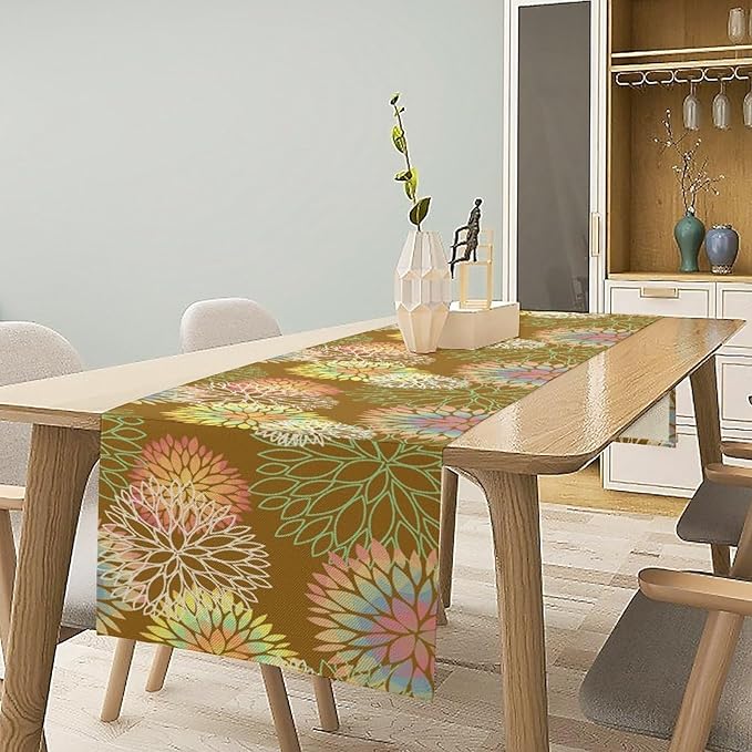 Brown Grey Dahlia Flower Table Runner, Linen Geometric Pattern Floral Table Decor Spring Farmhouse Decorations for Kitchen Dining Holiday Party Decor, 13x90 Inch