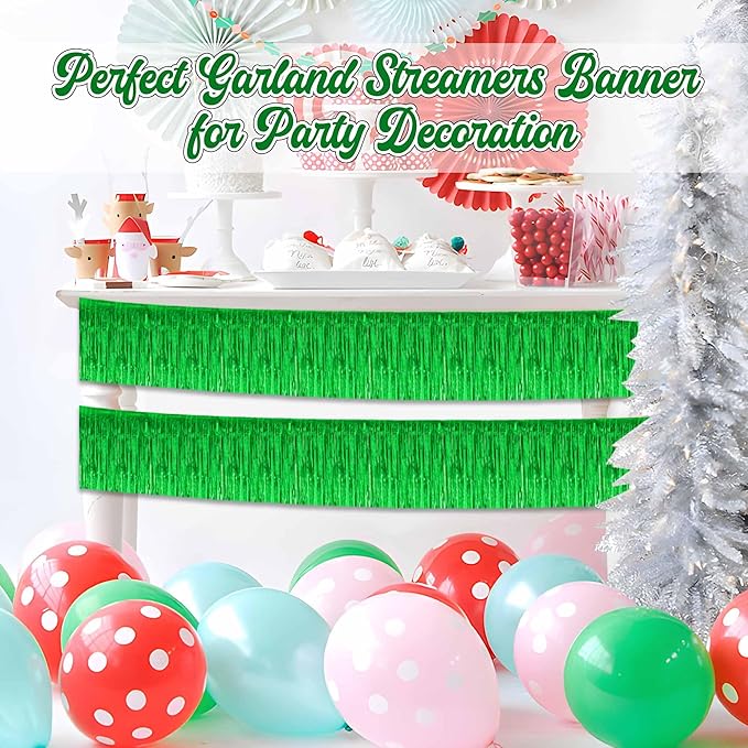 4 Pack 10 Ft Green Foil Fringe Garland Metallic Streamers Tinsel Banner Wall Hanging Garland Backdrop for Parade Floats, Halloween, Christmas, Thanksgiving, New Year Party Decorations