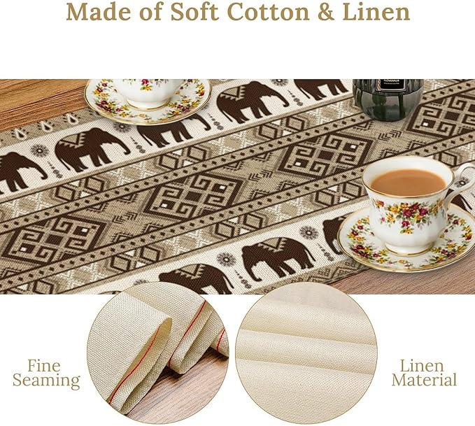 Ethnic Table Runner, Rustic Farmhouse Boho Indian Bohemian Elephant Aztec Tribal Print Beige Table Center Decor for Home Kitchen Dining Patio Holiday Party Indoor Table Decorations, 13"x90" Inch