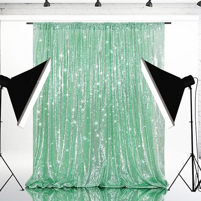 Eternal Beauty Mint Green Sequin Backdrop, 8x8 Ft Glitter Background Curtains for Shimmer Photography Party Wedding Birthday Back Drop Decor