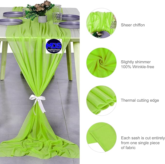 MDS 2 Pack 14ft Chiffon Table Runner 29 x 170 Inches Sheer Wedding Runner Romantic Rustic Table Runner for Wedding Decorations, Birthday Parties, Bridal Shower Party Arch Decor - Parrot Green