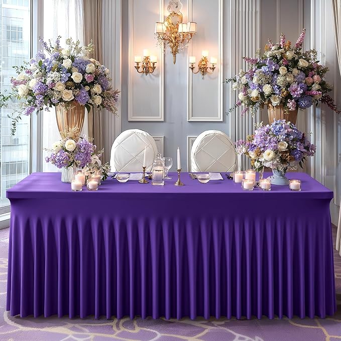 6 Pack Dark Purple Spandex Table Clothes for 8 Foot Rectangle Tables, 8FT Wrinkle Free Fitted Tablecloths Ruffles Design Table Cover for Party, Banquet, Wedding and Events