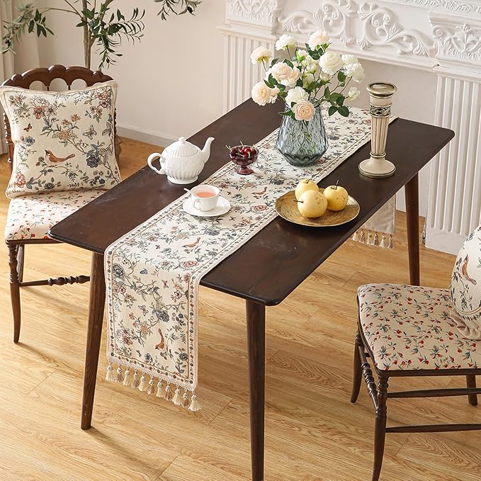 ISAENNE Designer Linen Table Runner 102 Inches Long,Elegant Floral Bird Pattern Table Runners for Dining Room,Farmhouse Rustic Kitchen Decor,Thanksgiving,Christmas,12"*102"-Cornucopia