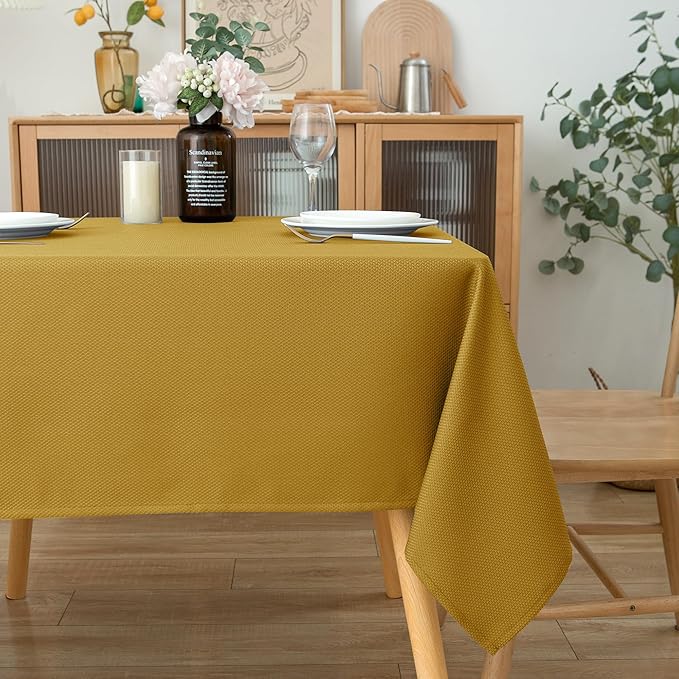Biscaynebay Textured Fabric Christmas Square Table Cloth 90x90 Inches, Gold Water Resistant Tablecloths for Dining, Kitchen, Wedding and Parties etc. Machine Washable