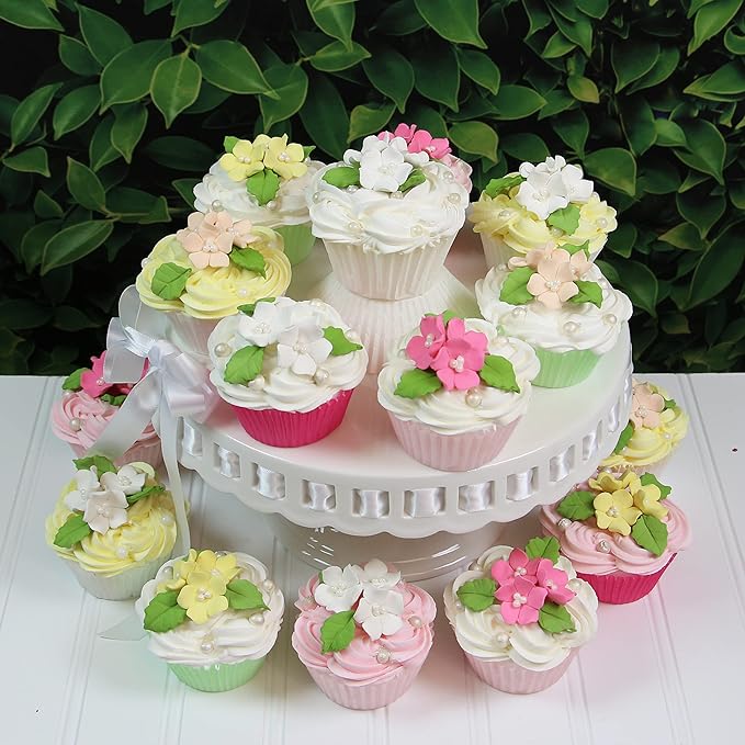 Edible Cake Toppers: Small Pink Gumpaste Flowers and Leaves, 72 Pieces