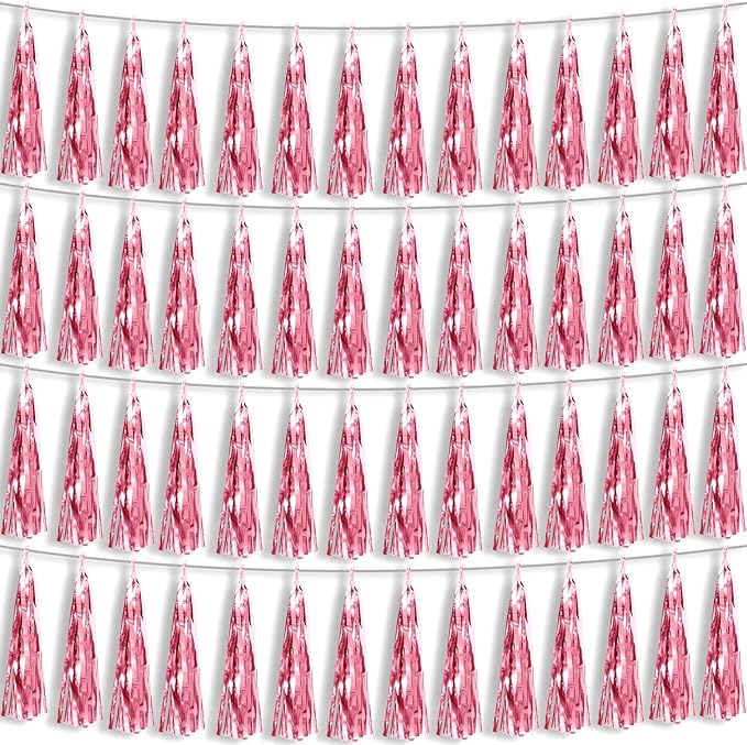 4P Light Pink Foil Fringe Metallic Tassel Streamers Banner Tassel Garland for Parade Floats, Bachelorette, Wedding, Birthday, Halloween, Christmas, Bridal/Baby Shower Party Decorations