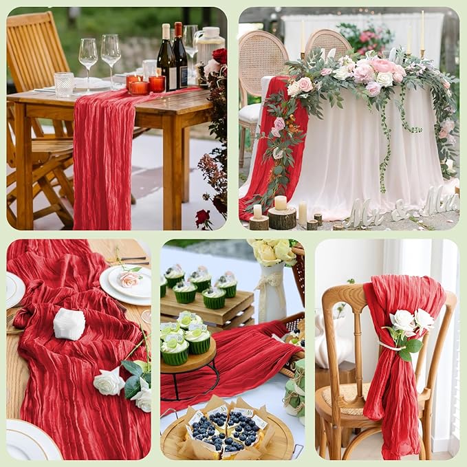 Asee'm 6PCS Fall Table Runner Cheesecloth 10FT Red Boho Gauze Fabric Rustic Sheer Cheese Cloth Runners for Thanksgiving Christmas Wedding Bridal Shower Party
