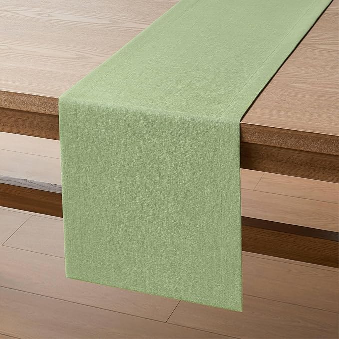 ZeeMart Linen Textured Border Table Runner, 14 x 60 Inch Green, Farmhouse Style Sage Green Table Runners 60 Inches Long, Easy Care Everyday Polyester Table Runner