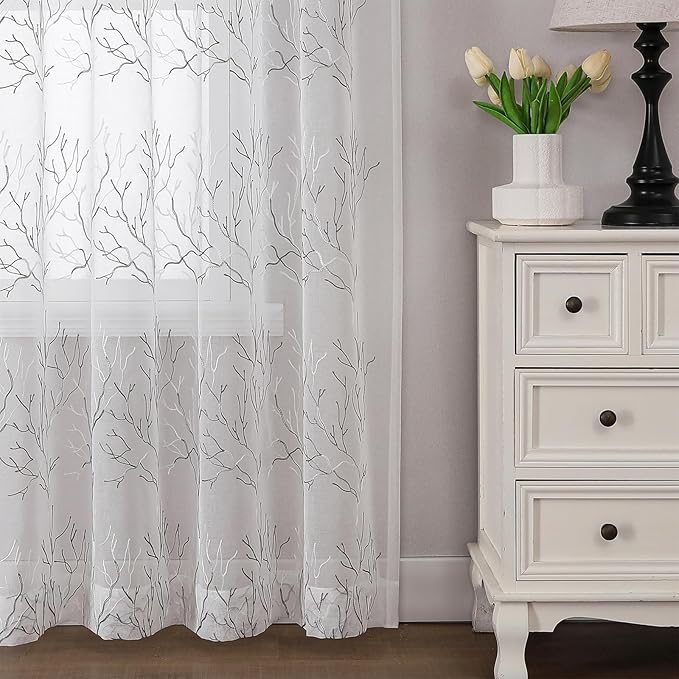 VISIONTEX Sheer Curtains 95 inch Length 2 Panels Set, Decorative Grey Coral Embroidery, Rod Pocket Embroidered Window Drapes for Living Room and Bedroom, 54" x 95"