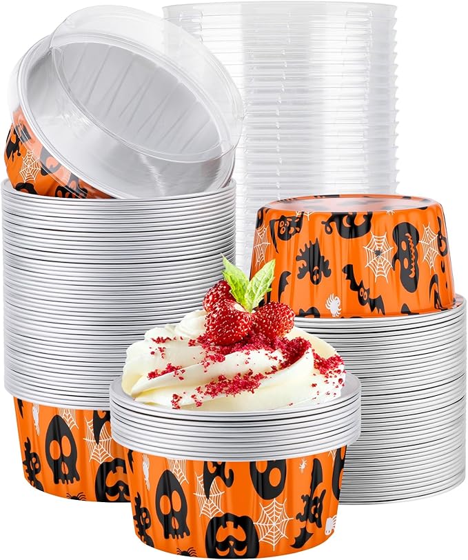 Mini Cheesecake Baking Cups, 100 Count, 5 oz, Orange and Black with Clear Lids