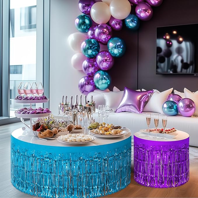 4 Pack Blue Purple Series Table Skirts, 29x108" Metallic Foil Tinsel Fringe Table Skirt for Rectangle Tables Streamer Curtains Backdrop, Party Decorations for Birthdays, Weddings, Holidays