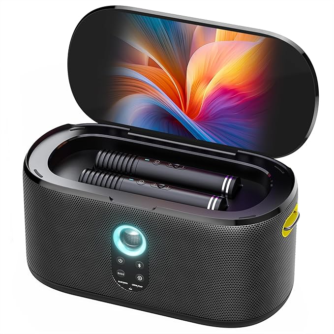Ikarao Karaoke Machine with Lyrics Display Screen, KaraFun Prime, EQ, Autotune, Connect to TV, 2 Self-Charging Wireless Microphones, Karaoke System for Adults Kids, Portable Bluetooth Speaker for Home