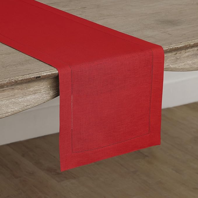 Solino Home Linen Red Table Runner 108 Inches Long - 100% Pure Linen 14 x 108 Inch Table Runner for Christmas, Holiday - Classic Hemstitch