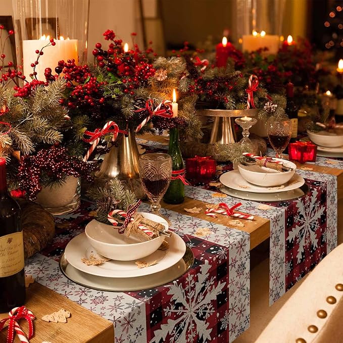 Buffalo Plaid Christmas Cotton Linen Table Runner for Dining Kitchen, Snowflake Red Black Check Wedding Outdoor Party Tablerunner Decoration, Retro Dresser Scarf Coffee Tablecloth Runners 13x70 Inches