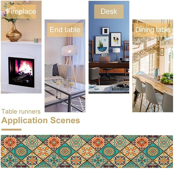 Bohemian Patchwork Table Runnerboho Colorful Tile Patchwork Indian Floral Print Table Runner for Home Kitchen Indoor Outdoor Party Wedding Decor, 13x120inch