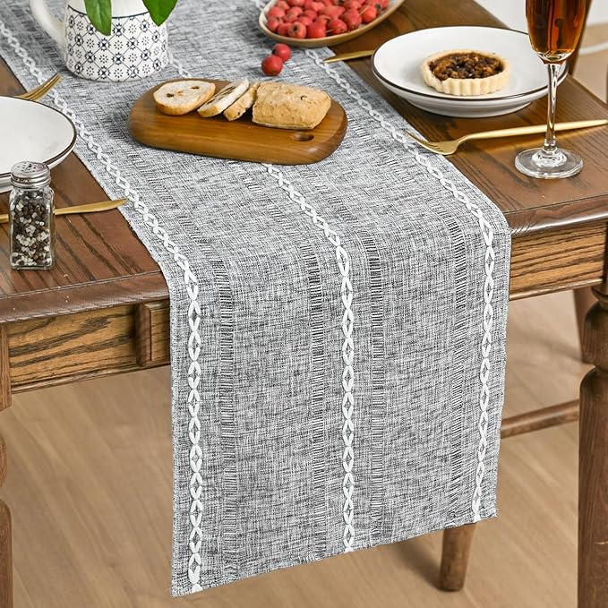 Artoid Mode Dark Grey Rustic Cotton Linen Table Runner, Seasonal Embroidered Hollow Kitchen Dining Table Decoration for Home Party Decor 13x36 Inch
