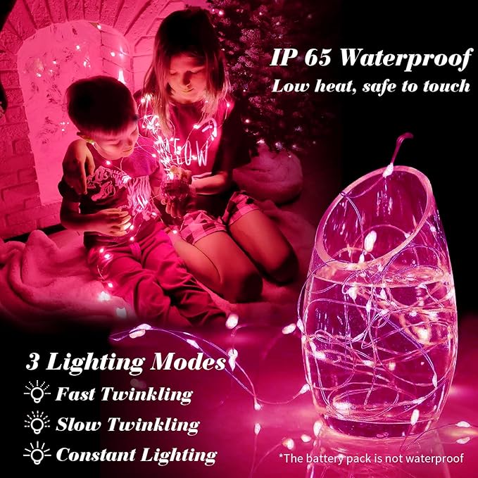 ZGWJ 12 Pack Fairy Lights Battery Operated, 7ft 20 Mini LED Fairy String Lights Silver Wire 3 Modes for DIY, Parties, Wedding, Bedroom, Halloween Christmas Decoration Pink