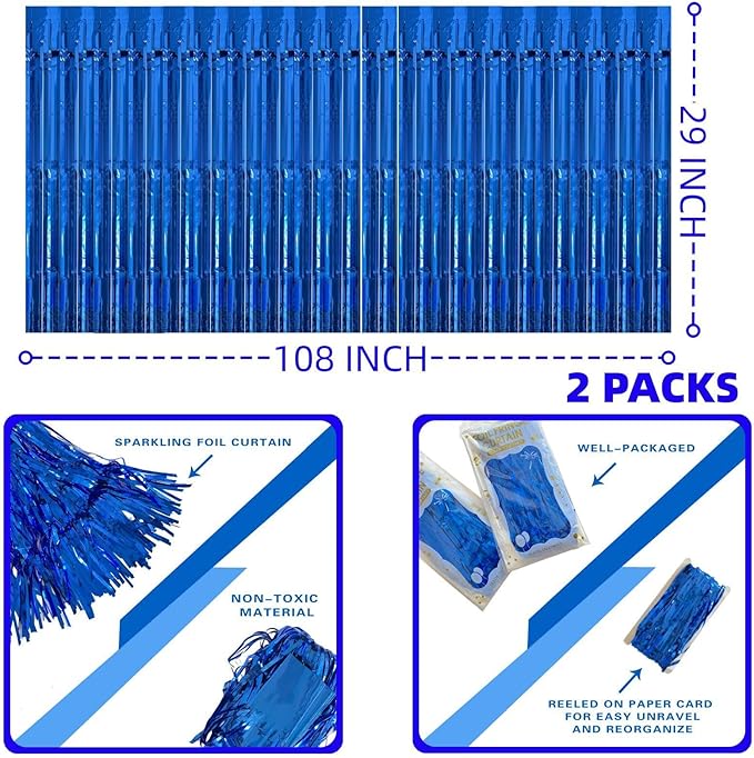 Blue Streamers Party Decorations, 2 Packs Blue Table Skirts Metallic Foil Fringe Tinsel for Birthday Under the Sea Boy Baby Shower Float Parade Mardi Gras Graduation Party Supplies -29x108Inch