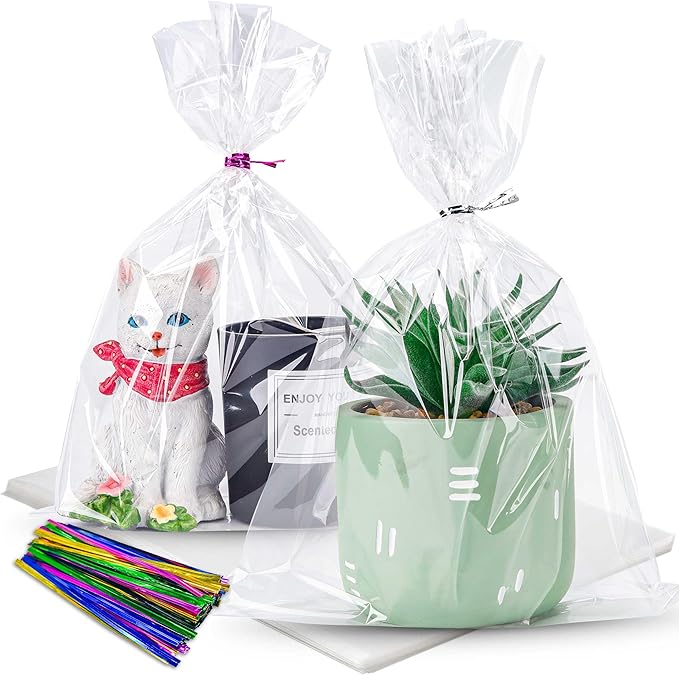 LOKIQNG Cellophane Bags Plastic Gift Bag Clear Cookie Treat Bags with Twist Ties for Party Favor Bag(100PACK, 8x11inch)