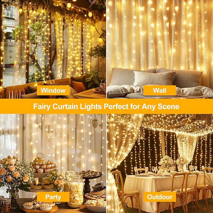 2 Pack Fairy Curtain Lights Upgraded Tangle-Free Warm White USB Plug in 8 Modes String Hanging Lights with Remote for Christmas, Bedroom, Indoor, Outdoor, Weddings, Party (6.6FTx6.6FT)