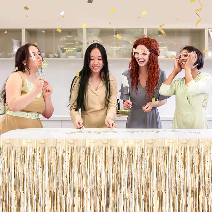 3 Pack 29 x108 Inch Champagne Gold Foil Fringe Table Skirts Metallic Banner for Tinsel Streamer Garland Backdrop for Parade Floats Wedding Thanksgiving Birthday Christmas New Year Party Decoration