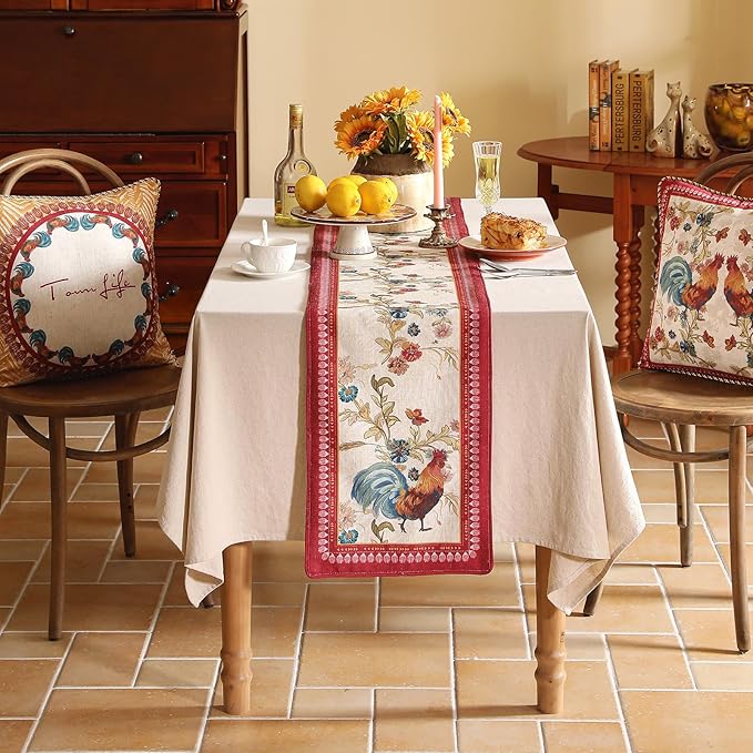 patdrea Designer Farmhouse Linen Table Runner, Rustic Cottage Mauve with Rooster and Floral Pattern Fabric Table Mat, Decoration for Kitchen Dining Coffee Table Banquet Christmas , 12"*71"
