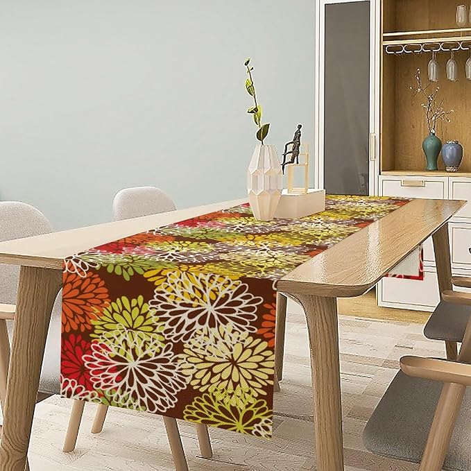 Brown Dahlia Floral Table Runner, Seasonal Autumn Thanksgiving Pattern Print for Home Kitchen Table Decor Dining Coffee Room Party Decor 13x108 Inch