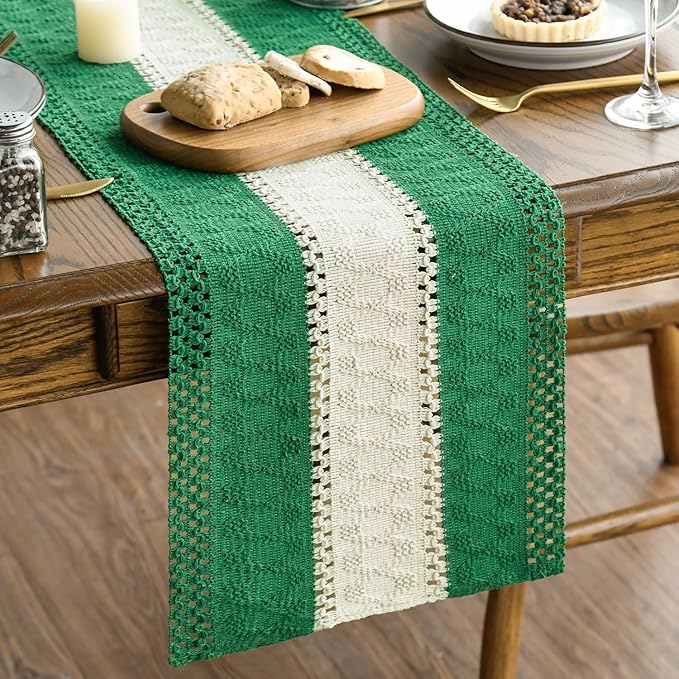 Artoid Mode Dark Green Farmhouse Rustic Table Runner, Seasonal Hollow Kitchen Dining Table Decoration for Home Party Decor 12x36 Inch