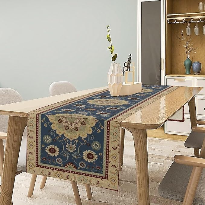 Vintage Boho Floral Table Runner, Elegant Rustic Country Farmhouse Blue Yellow Retro Flower Pattern for Home Kitchen Table Decor Dining Coffee Room Party Decor 13x108in