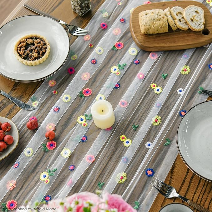 Artoid Mode 3PCS Embroidery Daisy Gauze Table Runner 120 Inch 10FT, Seasonal Sheer Kitchen Dining Holiday Wedding Birthday Table Decor for Home Party