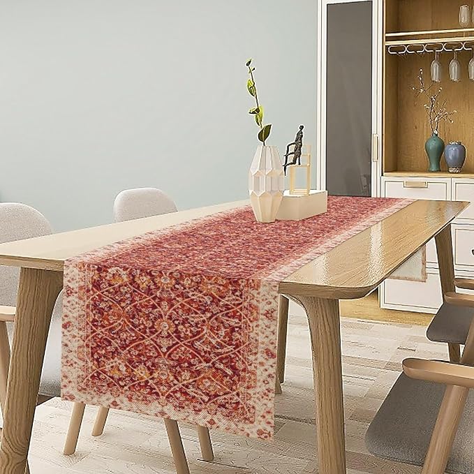 Boho Floral Vintage Table Runner, Retro Red Flower Rustic Country Farmhouse Abstract Pattern for Home Kitchen Table Decor Dining Coffee Room Party Decor 13x120in