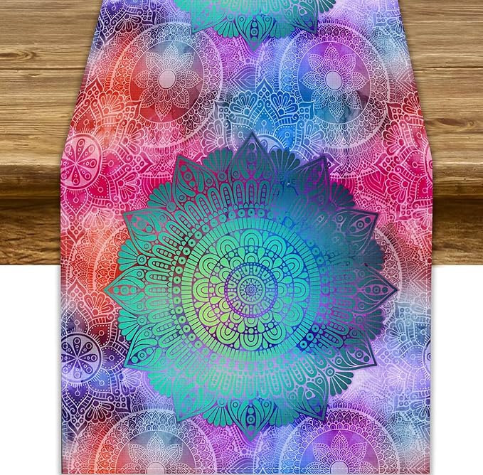 Green Mandala Table Runner, Bohemian Vintage Colorful Exotic Colorful Floral Print Table Runner for Wedding Dining Table Holiday Party Kitchen Home Decor, 13x90inch