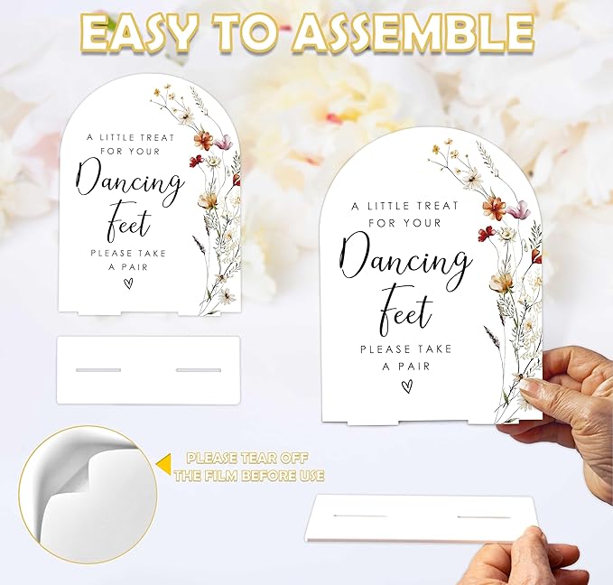 Boho Floral Dancing Feet Sign, 6 x 8 Inch White Arch Acrylic Wedding Sign with Holder, Wedding Sign for Ceremony and Reception, Wedding Decoration, Wedding Supplies - BX24