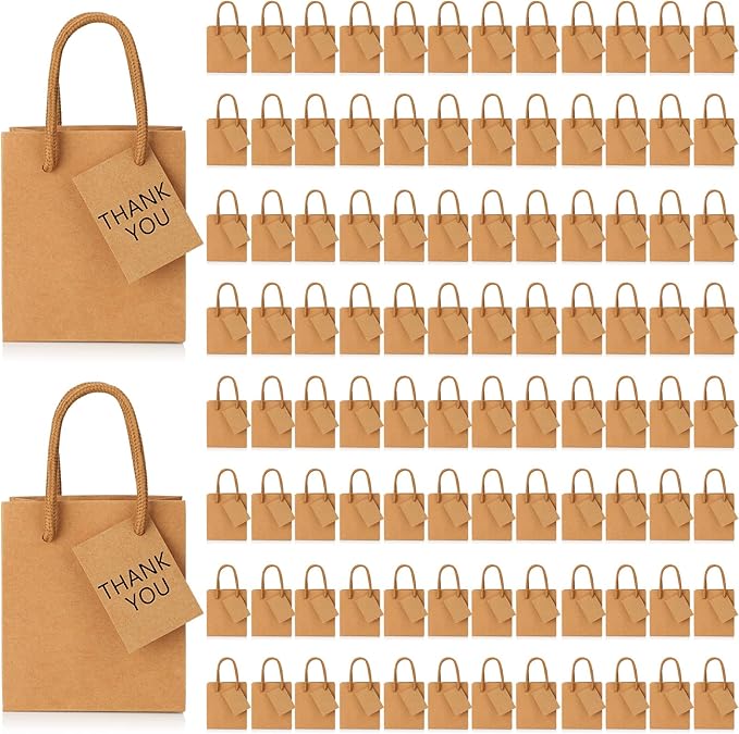 Sherr 100 Pack Mini Gift Bags Bulk, 4 x 2.75 x 4.5 Inches Paper Bags with Tags, Extra Small Paper Gift Boxes with Handles for Birthday, Party Favors, Weddings, Small Business(Brown)