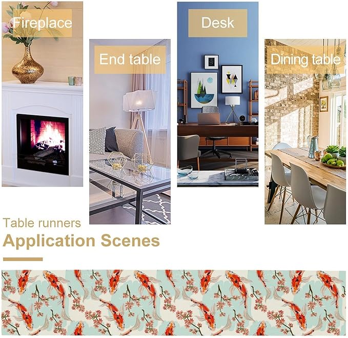 Japanese Kio Fish Table Runner Cherry Flower Art Printed Burlap Runner Home Kitchen Dining Table Living Room Decor Fabric 1 Panel W13xL60in