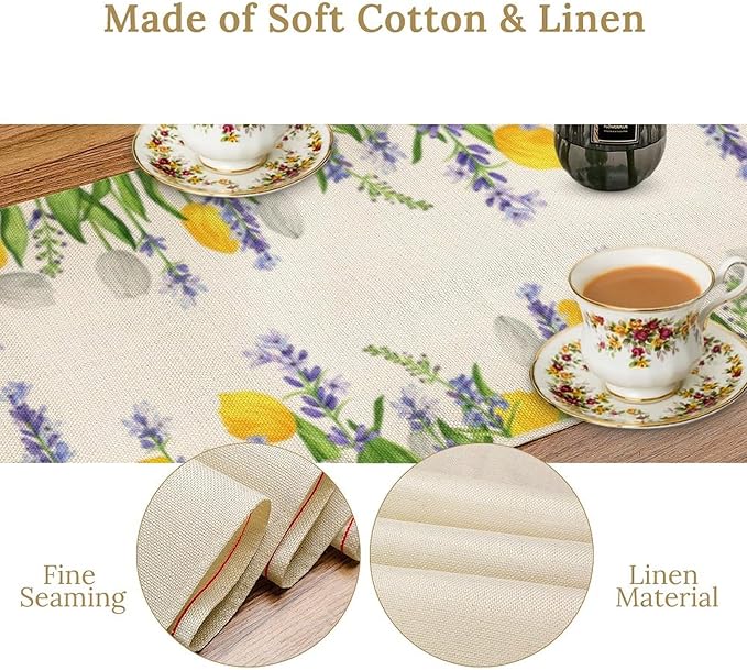 Floral Tulip Lavender Table Runner, Spring Watercolor Flower Plants Nature Butterfly Table Runner for Kitchen Dinner Living Room Home Party, 13x120 Inch