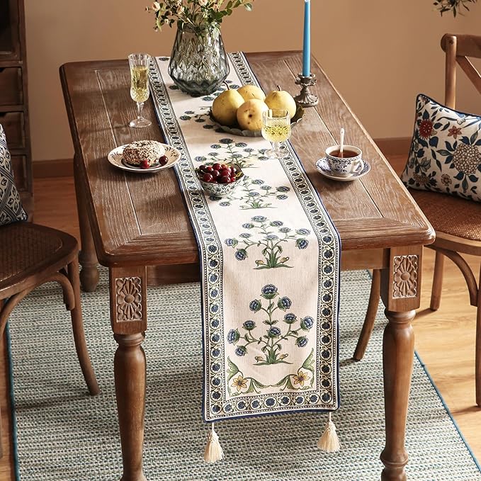 patdrea Designer Blue Rustic Elegant Floral Patterned Linen Table Runner 102 Inch Long,Wrinkle Resistant Table Mat,Decoration for Kitchen Dining and Coffee Tables Banquet Christmas ,12"x102"