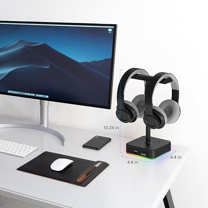 KAFRI RGB Dual Headphone Stand with USB C Charger Desk Gaming Double Headset Holder Hanger Rack with 3 USB Charging Port and 2 Outlet - Suitable for Gamer Desktop Table Game Earphone Accessories Gift