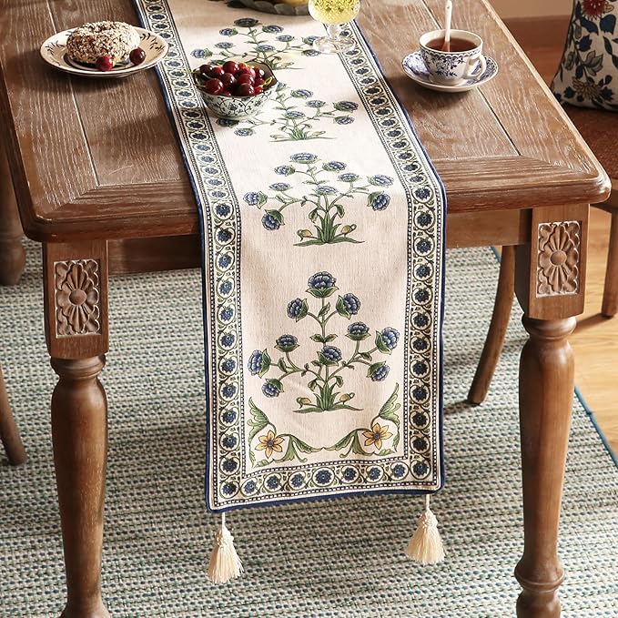 patdrea Designer Blue Rustic Elegant Floral Patterned Extra Long,Wrinkle Resistant Linen Table Runner 118 Inch Long,Decoration for Kitchen Dining and Coffee Tables Banquet Christmas , 12"x118"