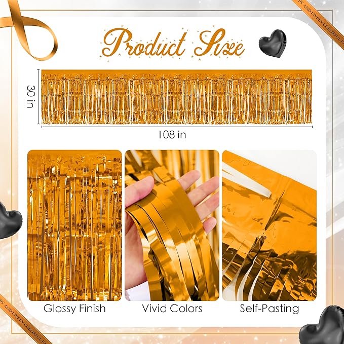 2 Pack Black Orange Table Skirts, 29x108" Metallic Foil Tinsel Fringe Table Skirt for Rectangle Tables Streamer Curtains Backdrop, Party Decorations for Birthdays, Weddings, Holidays