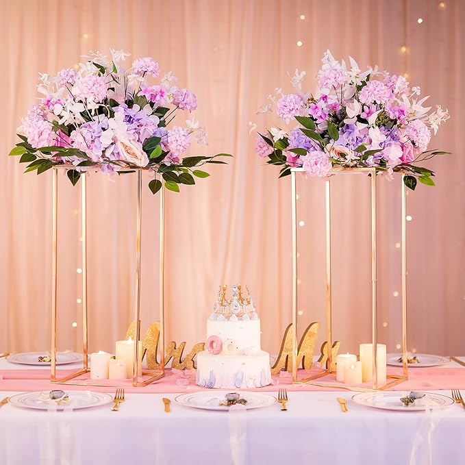 Metal Vase Stand Centerpiece in Gold, 23.6 Inch Tall Cube Design